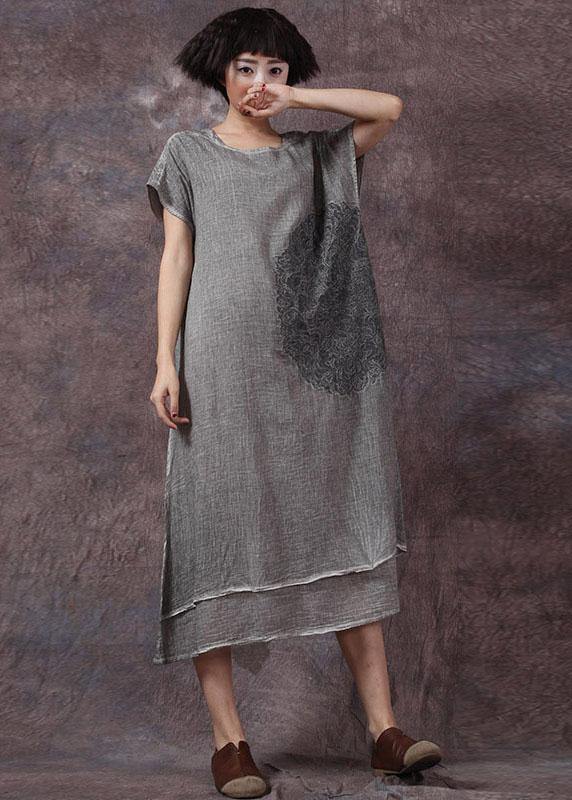 Women embroidery linen cotton clothes For Women Outfits gray side open Dresses summer - bagstylebliss