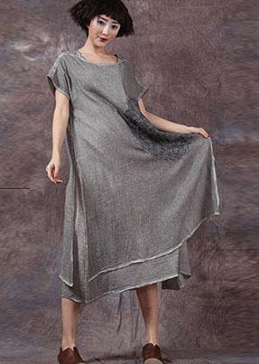 Women embroidery linen cotton clothes For Women Outfits gray side open Dresses summer - bagstylebliss