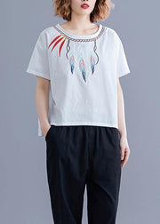 Women embroidery linen crane tops Neckline white shirts summer - bagstylebliss