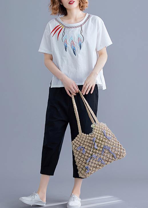 Women embroidery linen crane tops Neckline white shirts summer - bagstylebliss