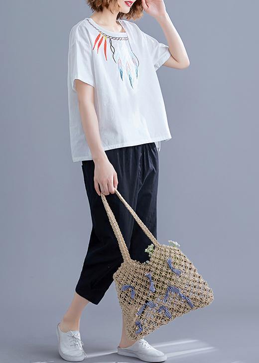 Women embroidery linen crane tops Neckline white shirts summer - bagstylebliss