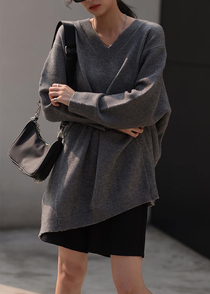 Women fall dark gray sweaters oversized v neck Blouse - bagstylebliss