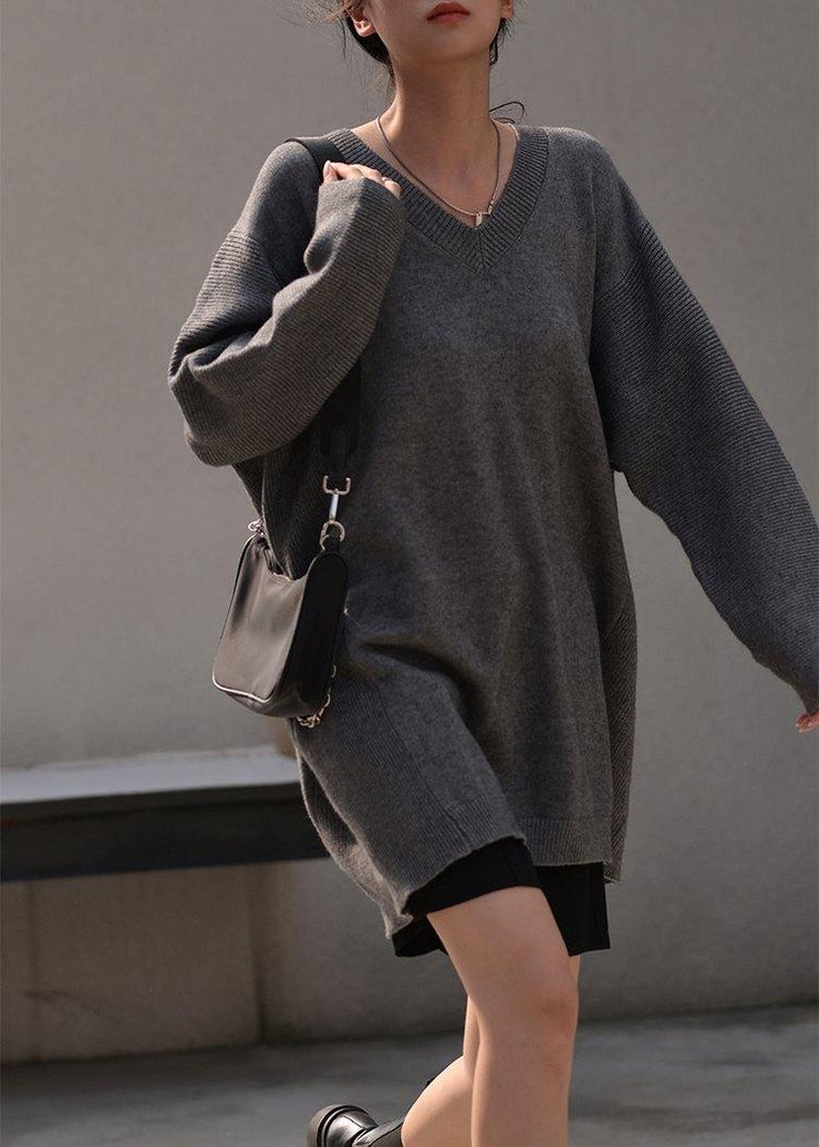 Women fall dark gray sweaters oversized v neck Blouse - bagstylebliss