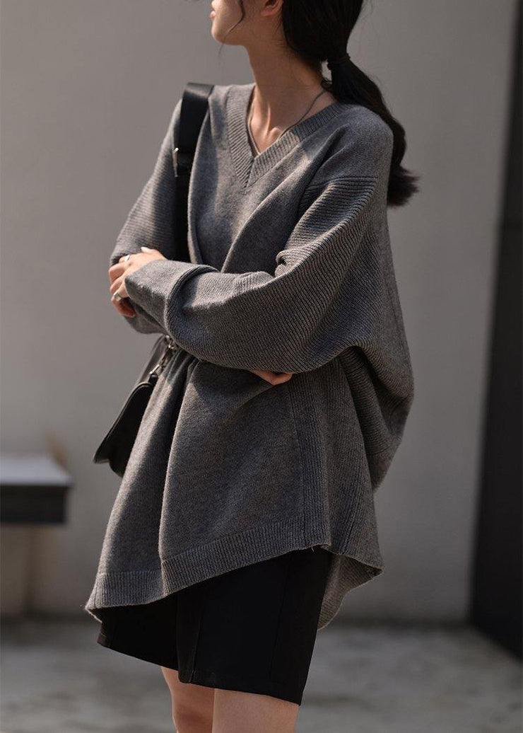 Women fall dark gray sweaters oversized v neck Blouse - bagstylebliss