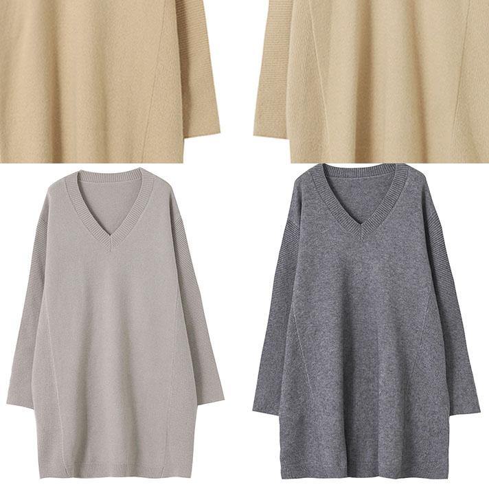 Women fall dark gray sweaters oversized v neck Blouse - bagstylebliss