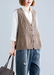 Women fall dark khaki v neck knitted blouse Loose fitting sleeveless clothes - bagstylebliss