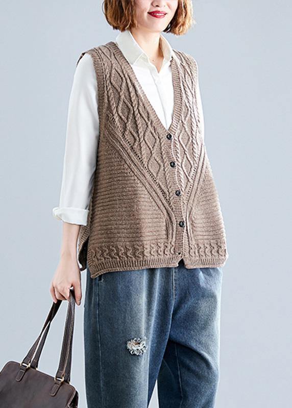 Women fall dark khaki v neck knitted blouse Loose fitting sleeveless clothes - bagstylebliss