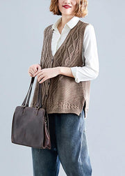 Women fall dark khaki v neck knitted blouse Loose fitting sleeveless clothes - bagstylebliss