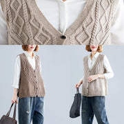 Women fall dark khaki v neck knitted blouse Loose fitting sleeveless clothes - bagstylebliss