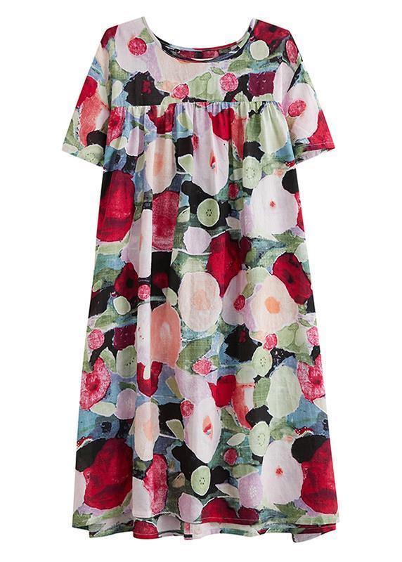 Women floral Cotton Wardrobes o neck Cinched tunic summer Dress - bagstylebliss