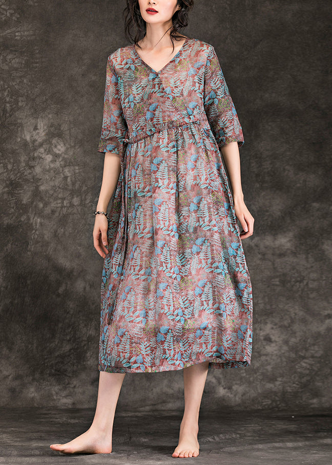 Women floral linen dresses Plus Size Shirts v neck Three Quarter sleeve Maxi Summer Dress