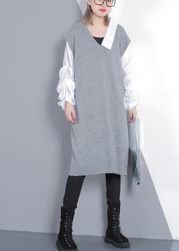 Women gray Sweater dress outfit Design Funny v neck knitted tops - bagstylebliss