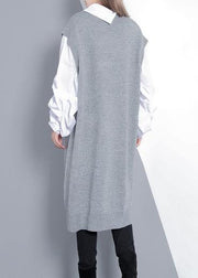 Women gray Sweater dress outfit Design Funny v neck knitted tops - bagstylebliss