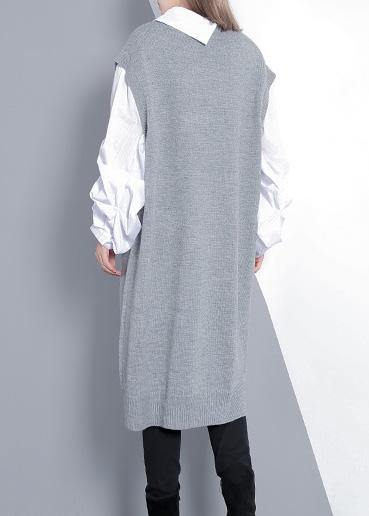 Women gray Sweater dress outfit Design Funny v neck knitted tops - bagstylebliss