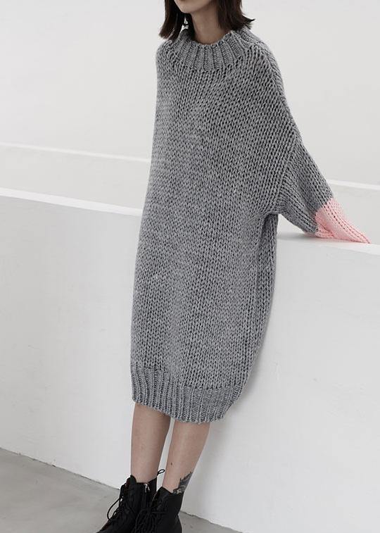 Women gray Sweater knit top pattern Upcycle o neck Batwing Sleeve knit dress - bagstylebliss