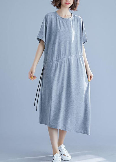 Women gray asymmetric hem cotton box dress Gifts drawstring waist summer dresses - bagstylebliss