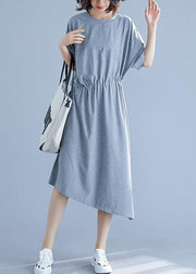 Women gray asymmetric hem cotton box dress Gifts drawstring waist summer dresses - bagstylebliss