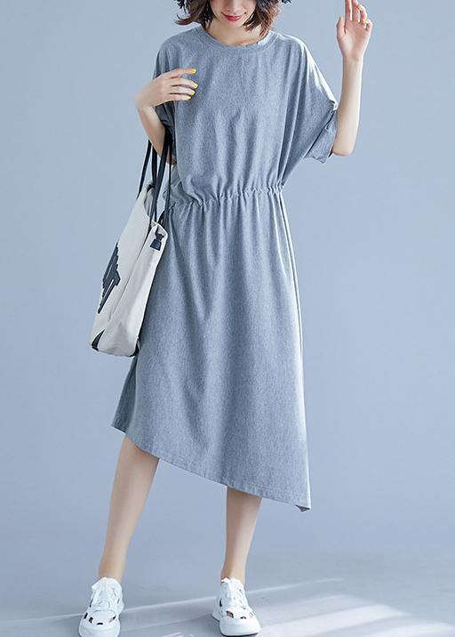 Women gray asymmetric hem cotton box dress Gifts drawstring waist summer dresses - bagstylebliss