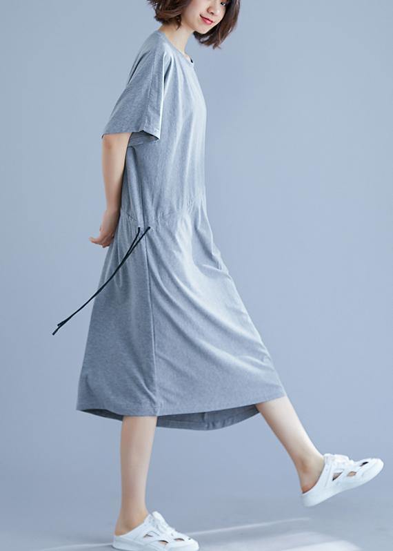 Women gray asymmetric hem cotton box dress Gifts drawstring waist summer dresses - bagstylebliss