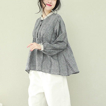 Women gray linen clothes For Women Omychic Wardrobes stand collar tunic blouses