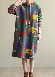 Women gray prints cotton Tunic warm Robe hooded Dress - bagstylebliss