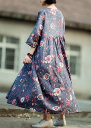 Women gray purple print cotton linen quilting clothes o neck large hem long spring Dress - bagstylebliss