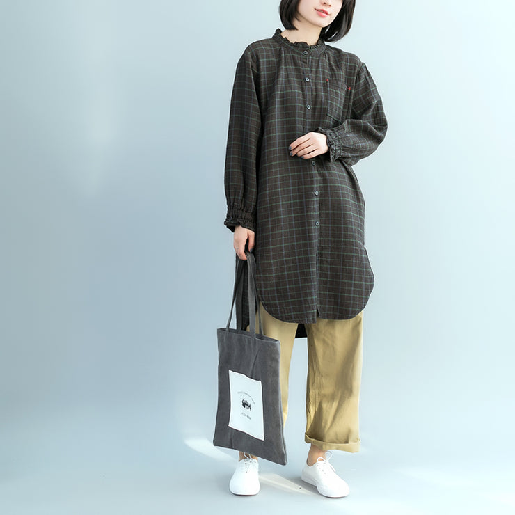 Women green Plaid Cotton tunics for women 18th Century Fabrics cotton spring Ruffled shirt Dress