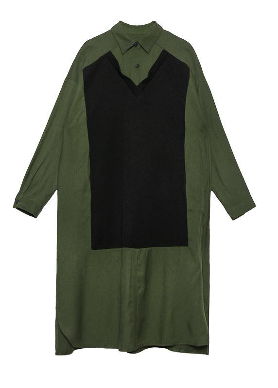 Women green cotton Tunics lapel patchwork Dresses - bagstylebliss