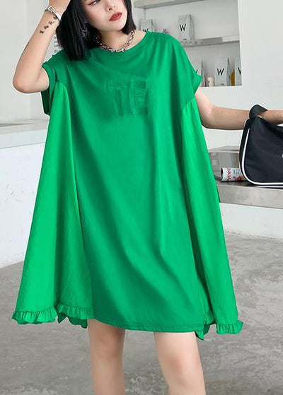Women green embroidery Cotton Tunics o neck Midi summer Dress - bagstylebliss