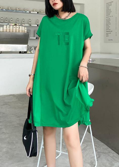 Women green embroidery Cotton Tunics o neck Midi summer Dress - bagstylebliss