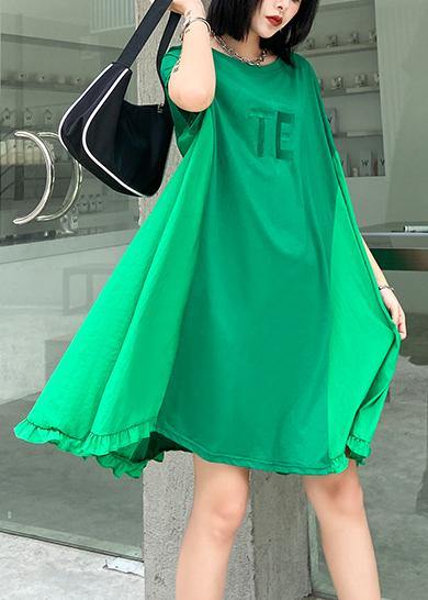 Women green embroidery Cotton Tunics o neck Midi summer Dress - bagstylebliss