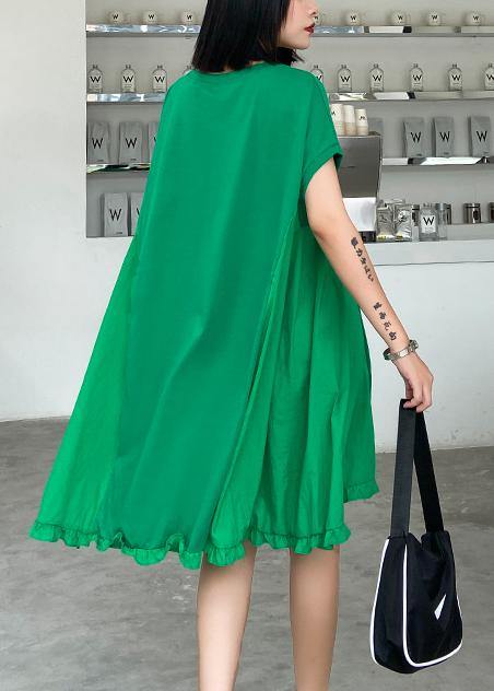 Women green embroidery Cotton Tunics o neck Midi summer Dress - bagstylebliss