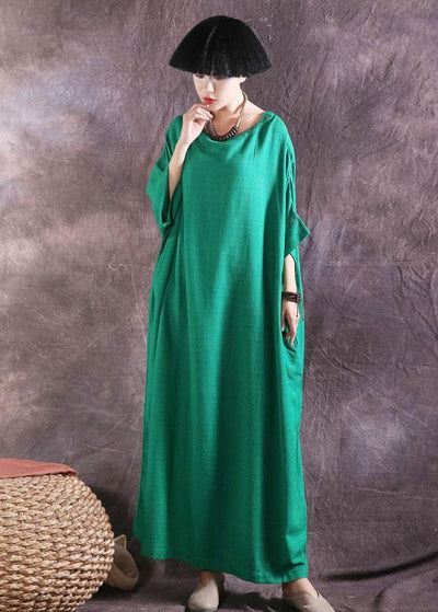 Women green linen cotton dress loose waist summer Dresses - bagstylebliss