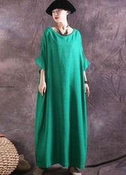 Women green linen cotton dress loose waist summer Dresses - bagstylebliss