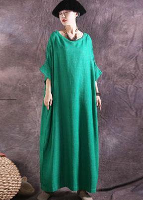 Women green linen cotton dress loose waist summer Dresses - bagstylebliss