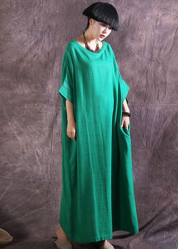 Women green linen cotton dress loose waist summer Dresses - bagstylebliss