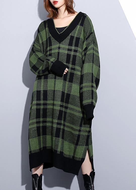 Women green plaid Cotton Long Shirts side open daily v neck Dress - bagstylebliss