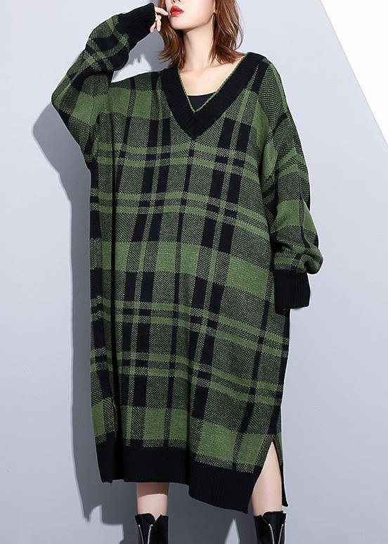 Women green plaid Cotton Long Shirts side open daily v neck Dress - bagstylebliss