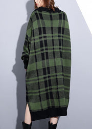 Women green plaid Cotton Long Shirts side open daily v neck Dress - bagstylebliss