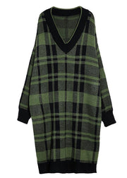 Women green plaid Cotton Long Shirts side open daily v neck Dress - bagstylebliss