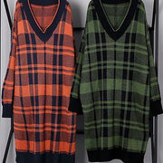 Women green plaid Cotton Long Shirts side open daily v neck Dress - bagstylebliss