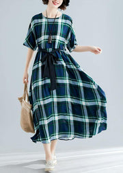 Women green plaid cotton Tunics tie waist cotton robes summer Dress - bagstylebliss