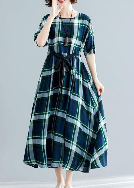 Women green plaid cotton Tunics tie waist cotton robes summer Dress - bagstylebliss