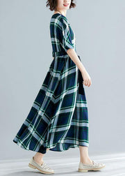 Women green plaid cotton Tunics tie waist cotton robes summer Dress - bagstylebliss