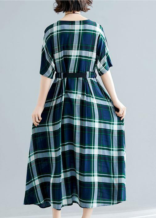 Women green plaid cotton Tunics tie waist cotton robes summer Dress - bagstylebliss