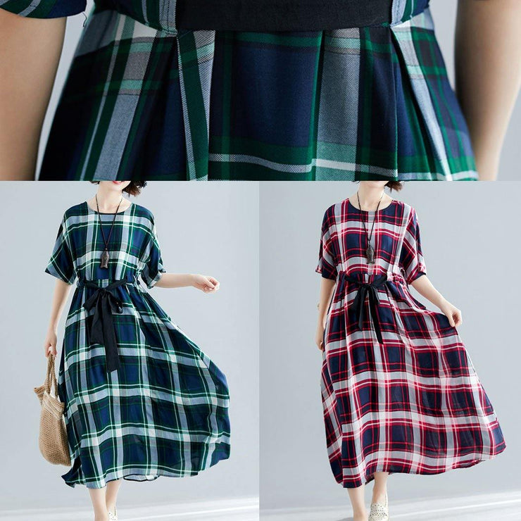 Women green plaid cotton Tunics tie waist cotton robes summer Dress - bagstylebliss