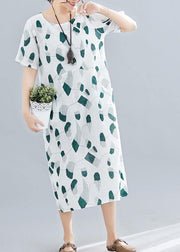 Women green print linen cotton Robes o neck pockets long summer Dress - bagstylebliss