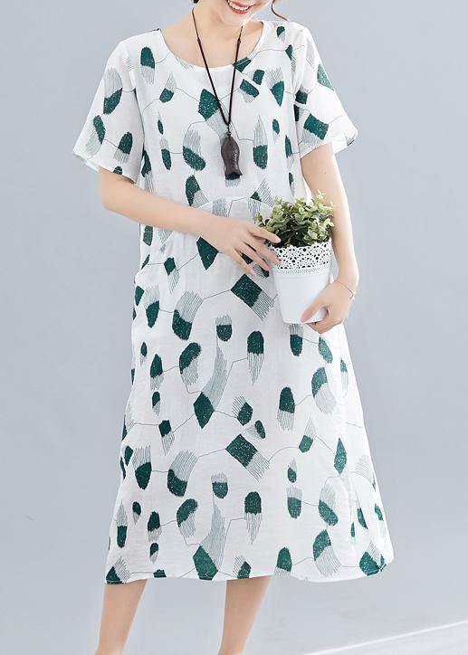 Women green print linen cotton Robes o neck pockets long summer Dress - bagstylebliss