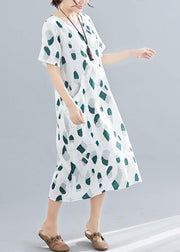 Women green print linen cotton Robes o neck pockets long summer Dress - bagstylebliss