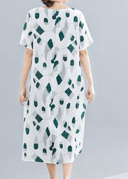 Women green print linen cotton Robes o neck pockets long summer Dress - bagstylebliss